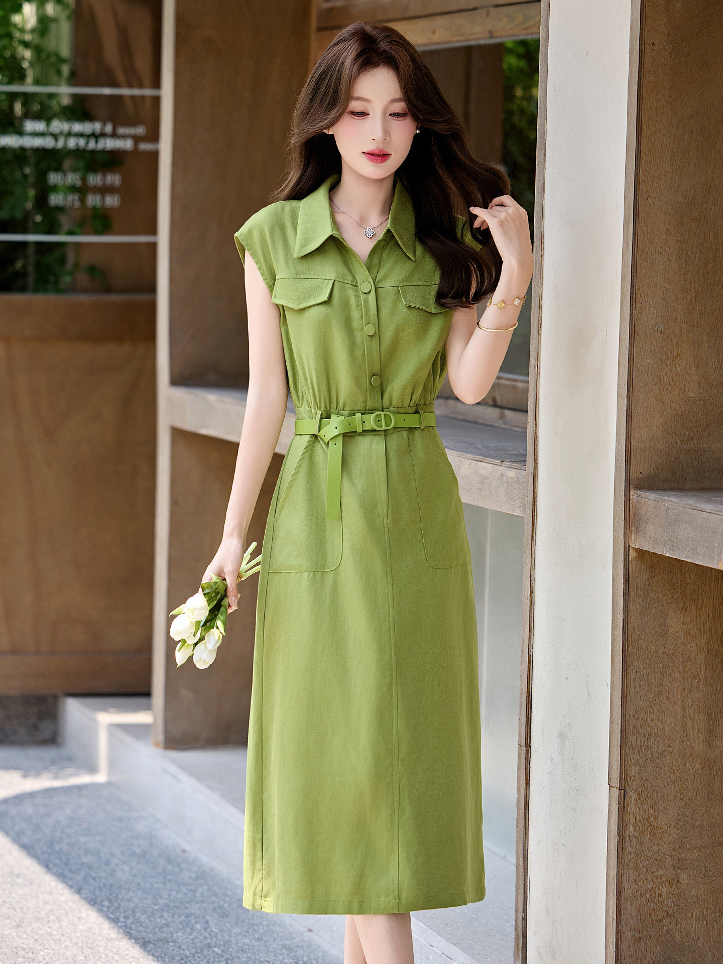 Đầm maxi nữ cổ bẻ tay ngắn dáng suông kèm khăn lụa AH8635 — Màu ảnh