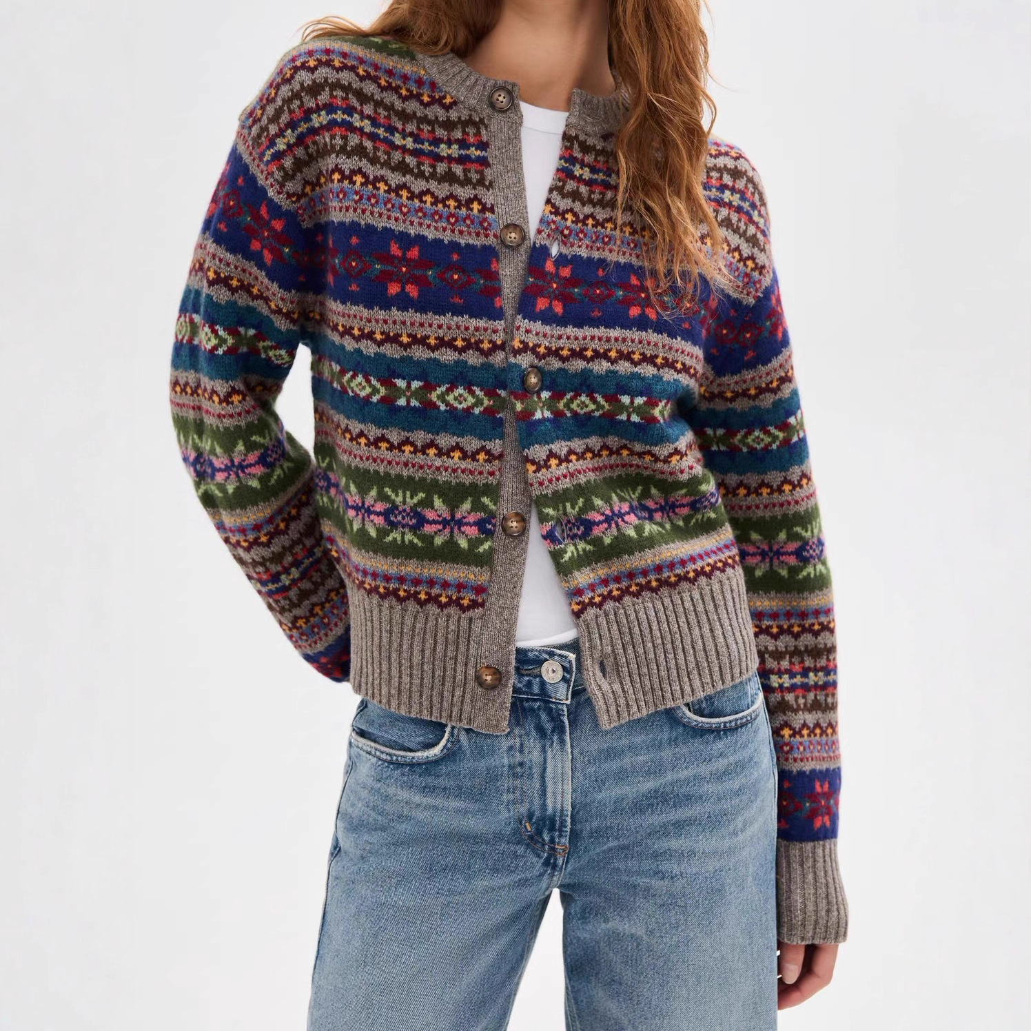 【现货】拉夫/RL重工提花费尔岛纽扣式圆领开衫针织衫外套上衣