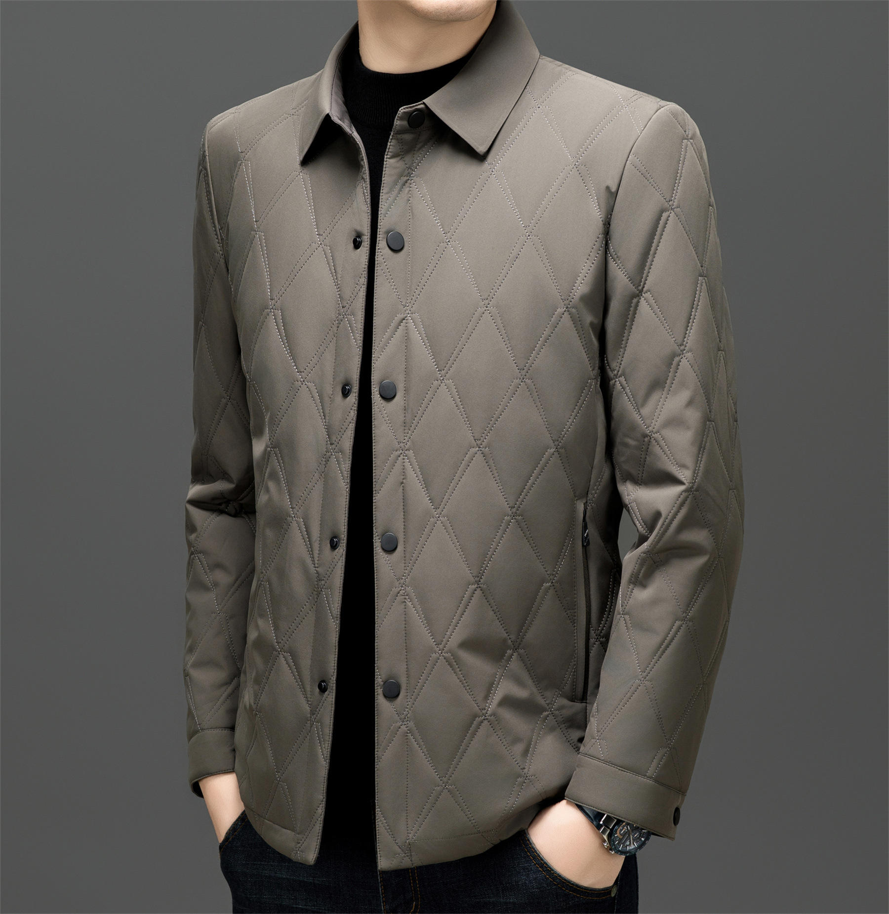 正品桑蚕丝棉衣男秋冬季商务休闲翻领菱形格轻薄棉服高端男士外套