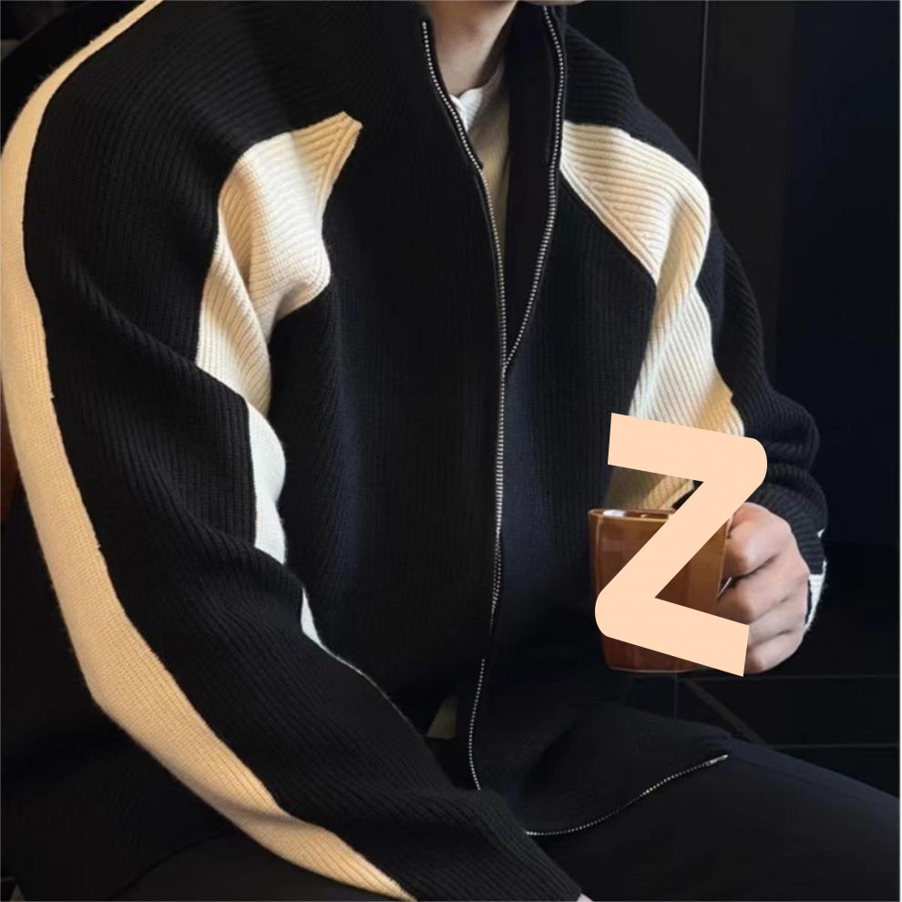 Strickpullover für Herbst und Winter, Herren-Cardigan mit kontrastierendem Reißverschluss, locker gestrickt_voghion.com