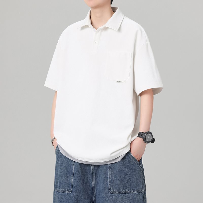 QLFY-5619 Faux Two-Piece Polo Collar Short-Sleeve T-Shirt Men's Summer Trendy Loose Workwear Pocket Short Sleeve Top