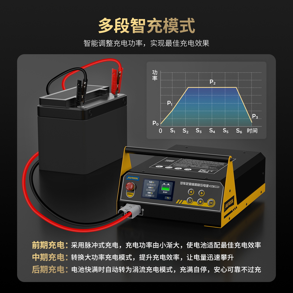 AUTOOL EM385 Programación de computadora de automóvil Fuente de alimentación regulada Batería de litio Carga Equipo de energía inteligente