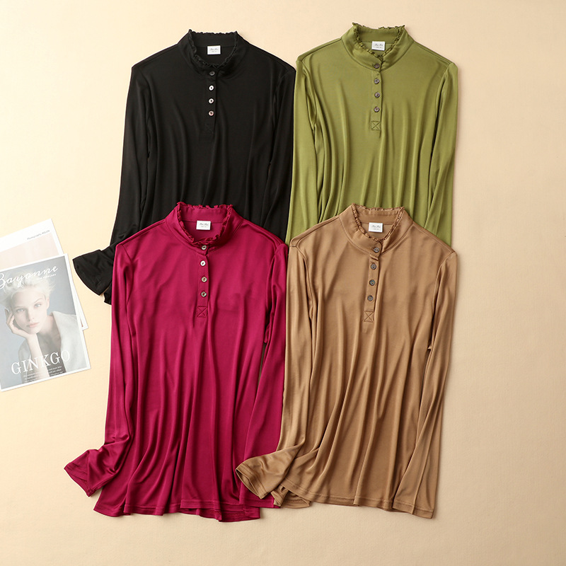 Autumn and Winter Chinese Style Silk Knitted Half-High Collar Long-Sleeved Base-Layer Shirt with Vertical Collar for Warm Inner Top Women's Mulberry Silk