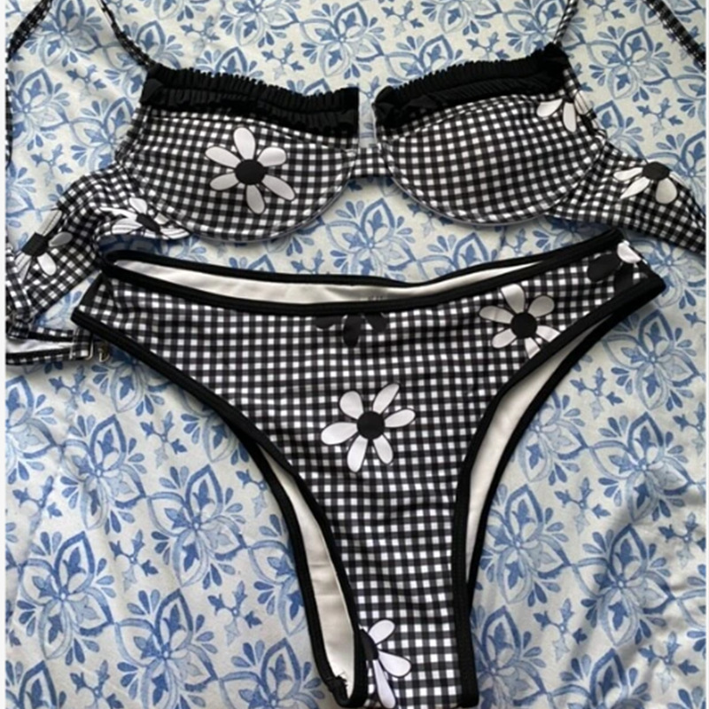 2 Pieces Set Quantity Swimming Pool, Beach Occasion Plaid, Flower Pattern Women's Plaid Flower 2 Pieces Set Bikinis Swimwear