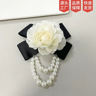 小香风珍珠丝稠山茶花花朵胸花领花别针米白色法式蝴蝶结胸针