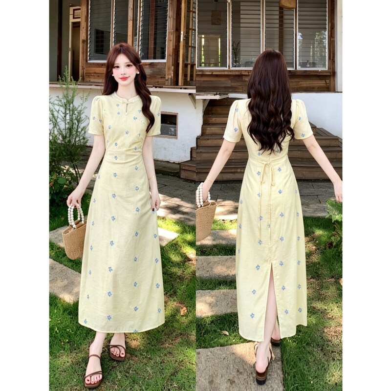 New Chinese-Style Improved Cheongsam for Women, Summer Plus-Size, High-End, Slimming, Elegant Design, Yellow Dress New Chinese-Style Improved Cheongsam for Women, Summer Plus-Size, High-End, Slimming, Elegant Design, Yellow Dress