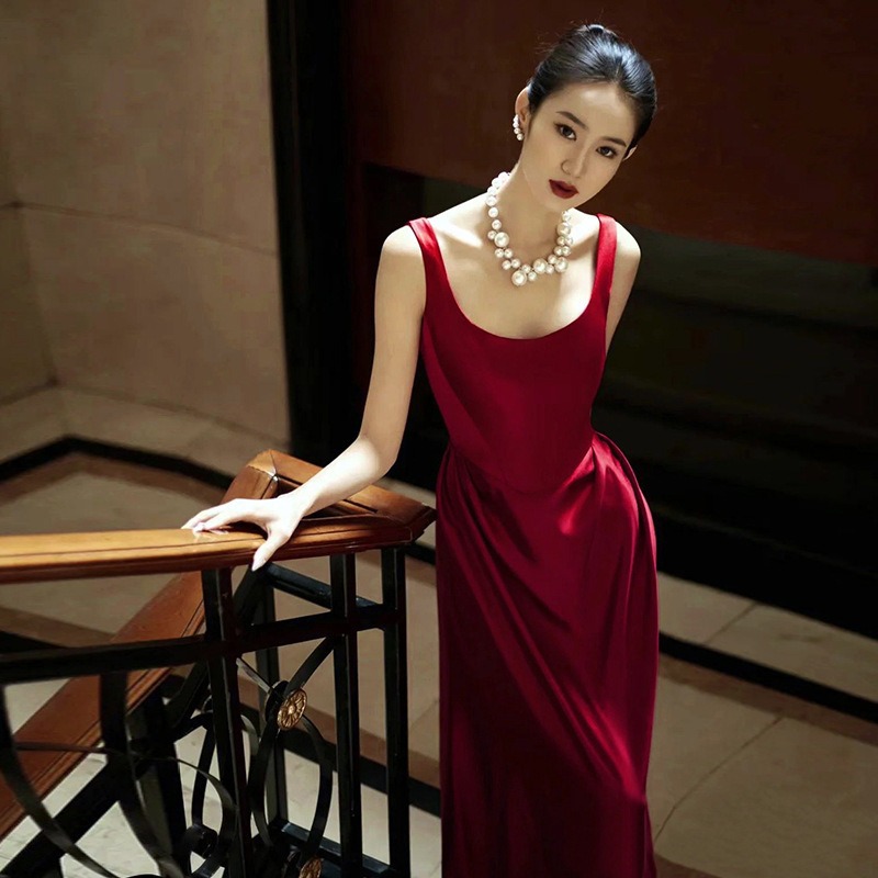 Celebrity Fan Wine Red Elegant Bride Wedding Toast Dress Morning Robe Wedding Dress Elegant High Sense Host Evening Dress
