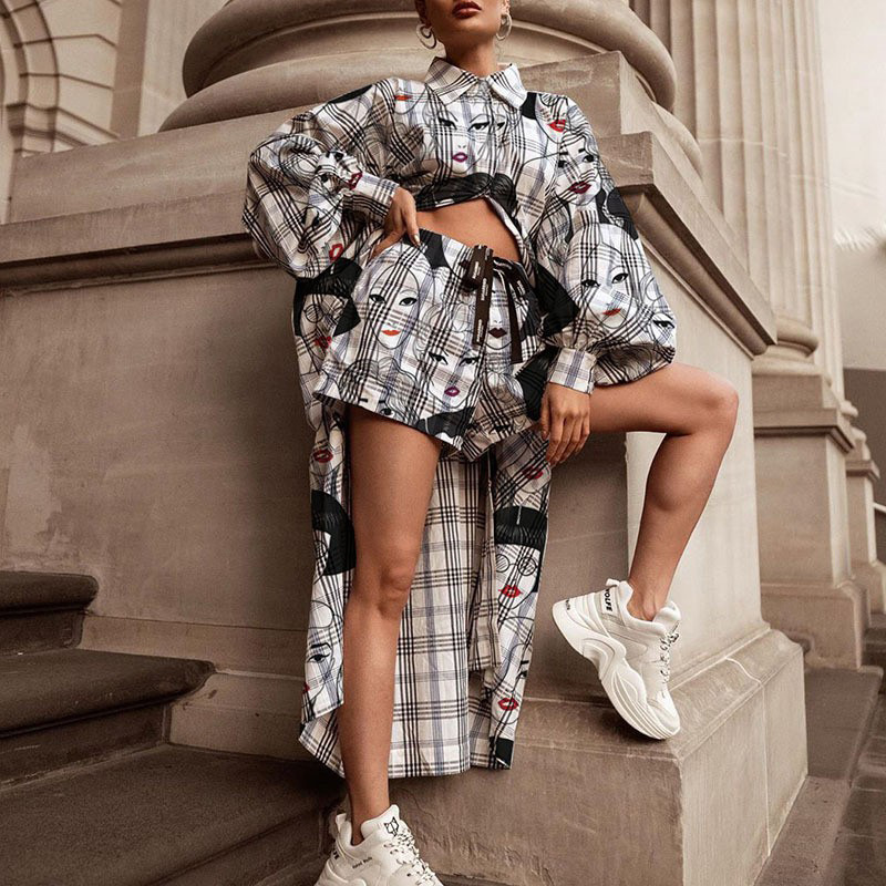 2023 transfronterizos Otoño e Invierno Nuevo europeo y americano impreso Top shorts traje camisa collar moda tendencia traje de dos piezas
