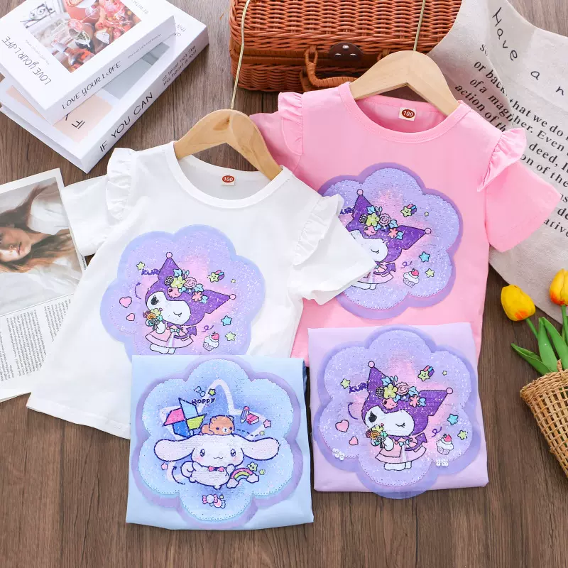 2025女童夏季新款短袖小女孩双面变色亮片T恤儿童薄上衣棉质衣服