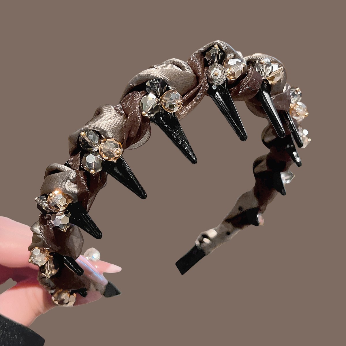 Brown satin polka dot mesh wrapped crystal headband