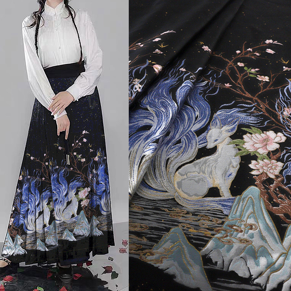 《MM020桃川灵狐》汉服马面裙织金妆花布料提花织锦国风服装面料