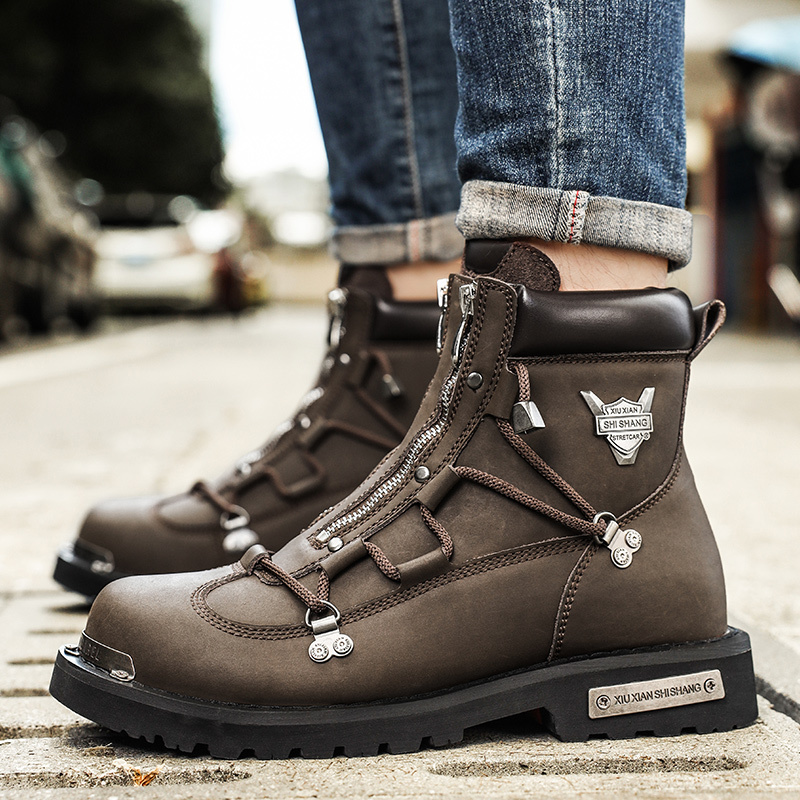 Cross-Border Amazon Fashion Men's High-Top Motorcycle Boots with Multiple Zippers, Metal Elements, Non-Slip, Wear-Resistant, Punk-Style Leather Boots