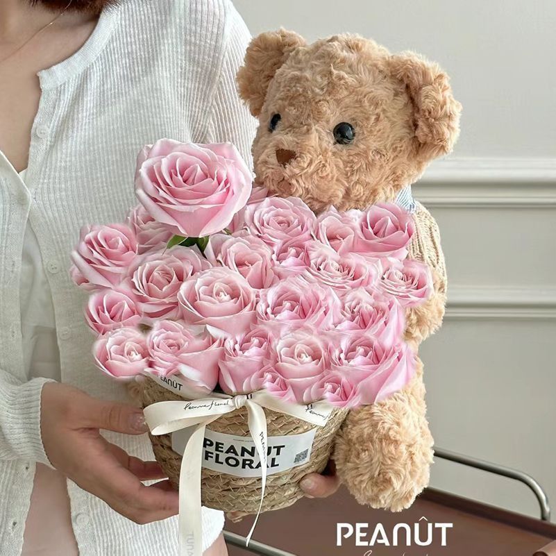 Oso de peluche con flores eternas para regalo de Año Nuevo, oso de peluche con ramo de flores para regalo de cumpleaños para amigas