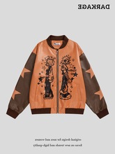 复古撞色卡通少女印花星星男女秋季新款棒球服PU皮夹克情侣外套潮