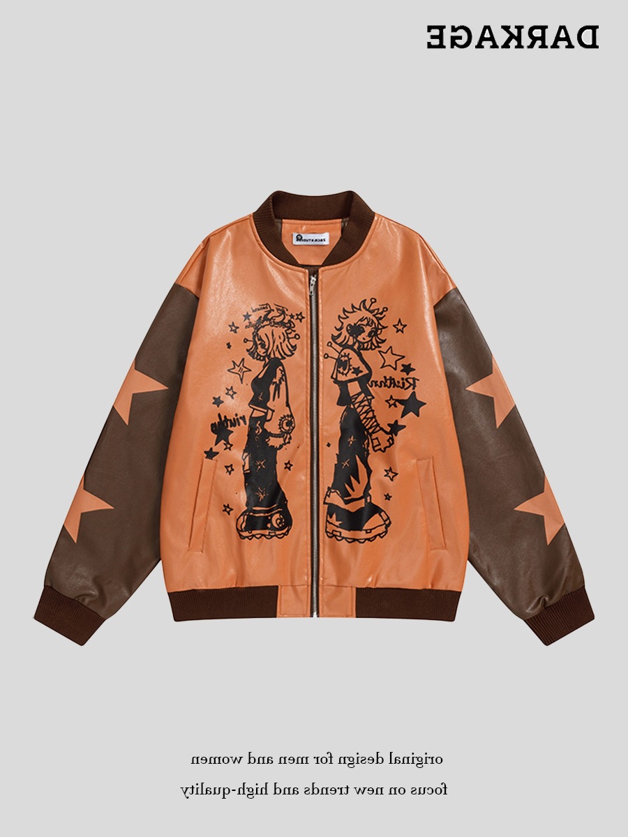 复古撞色卡通少女印花星星男女秋季新款棒球服PU皮夹克情侣外套潮