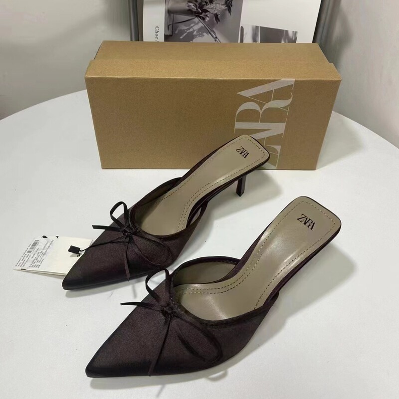 Za New Product 2025 Pointed Toe Toe Toe Slippers Bow Brown High Heel Mule Shoes Stiletto Heel Hollow Back Half Slippers for Women