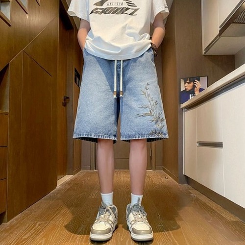 Youth National Trend Embroidered Denim Short Pants for Men - Summer Thin Loose Casual Straight Leg Five-Finger Pants