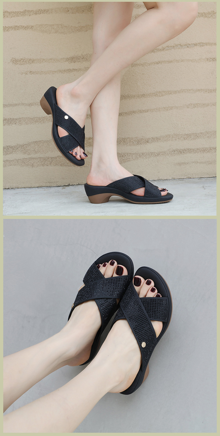 Sandal cao gót nữ hở mũi đính đá gót dốc chống trượt đi làm 2025 — Màu đen, Màu xanh lá, Màu mơ chi tiết 10