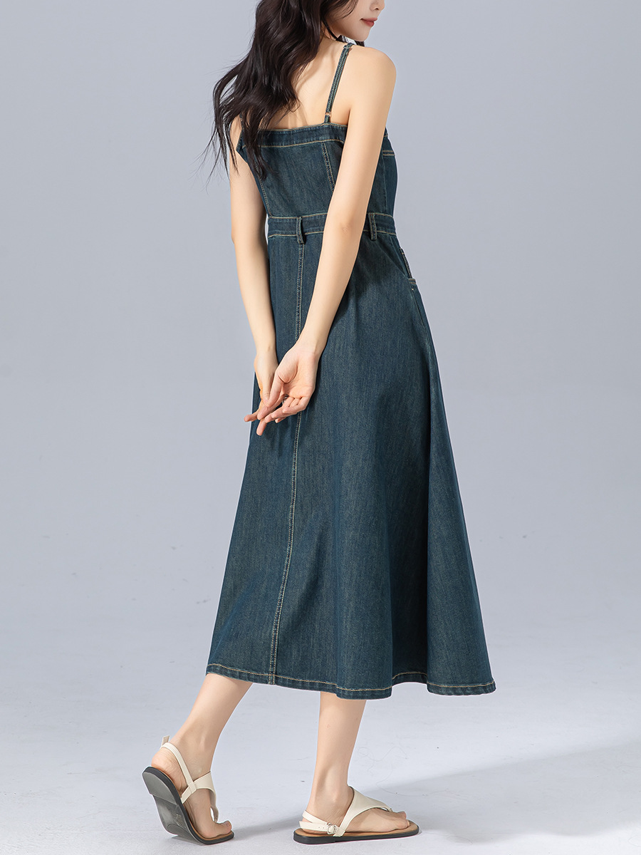 Váy liền hai dây denim cổ điển dáng chữ A thắt eo che hông dài — Xanh đá quý