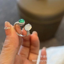 直播货源天然白玉髓戒指满钻镶嵌绿玛蛋面新款女戒配饰玉石手饰品