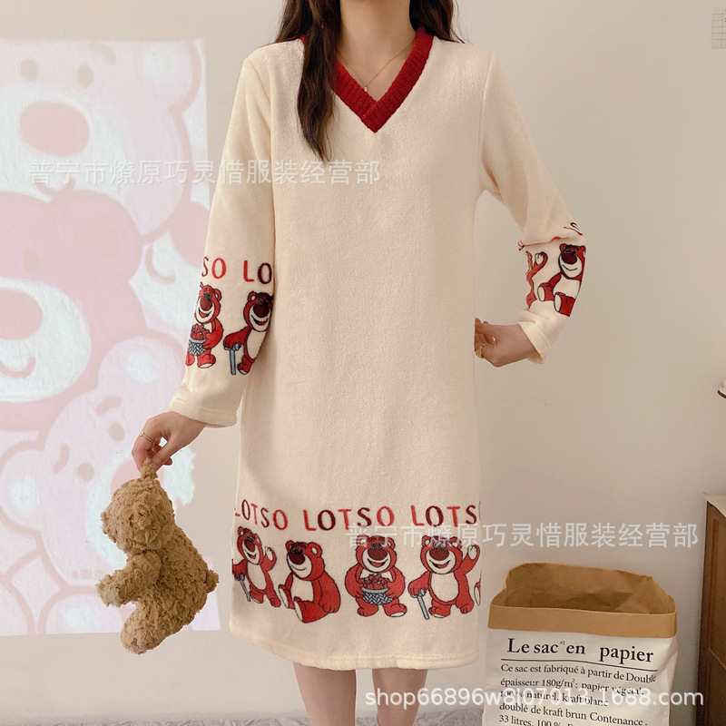 Pijamas de mujeres otoño invierno de franela lindo dibujo animado 2024 nuevo coral de lana gruesa falda cálida ropa para el hogar