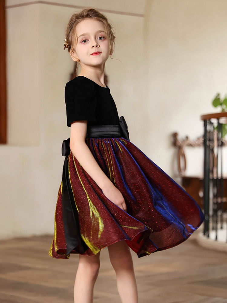 Vestido para niños, vestido de princesa de alta gama para niñas, coro de actuación para niñas, vestido de actuación de cumpleaños de manga corta
