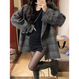 短款呢子大衣宽松女2024年新款秋冬季格子毛呢外套加厚西装韩系