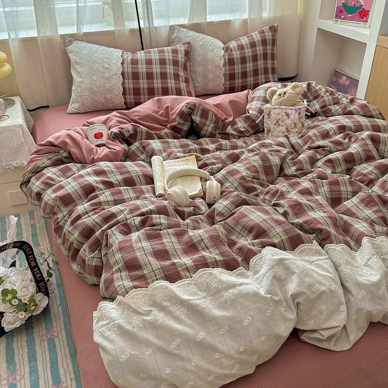 新款A类母婴亲肤少女风花边四件套皱皱纱床单被套宿舍三件套床品4|undefined