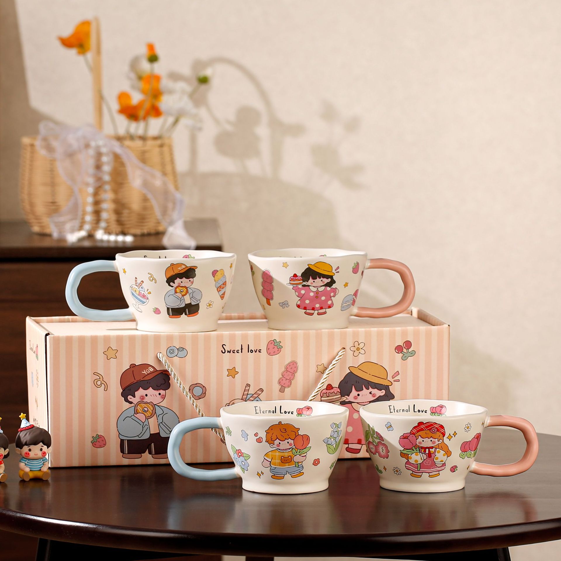 Cute cartoon couple ceramic cups, perfect as a gift for everyday use, a pair of cups for couples, a birthday gift, or a small present