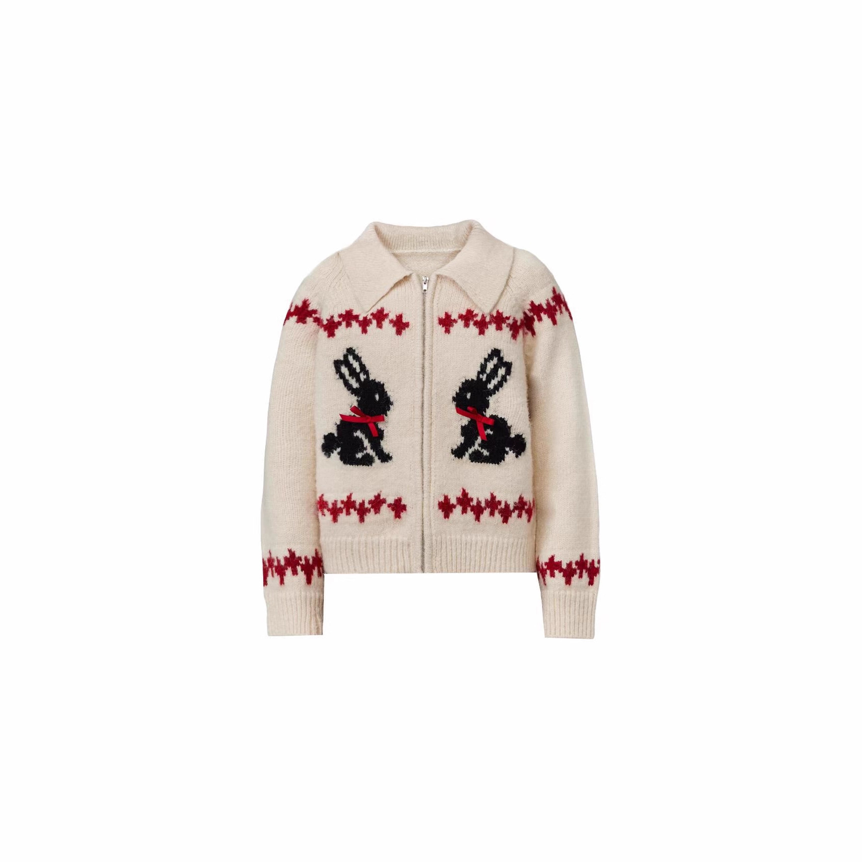 European and American Cross-Border Jacquard Lapel Zipper Sweater Jacket for Women Autumn and Winter Retro Lazy Style Contrasting Color Large Size Knitted Cardigan
