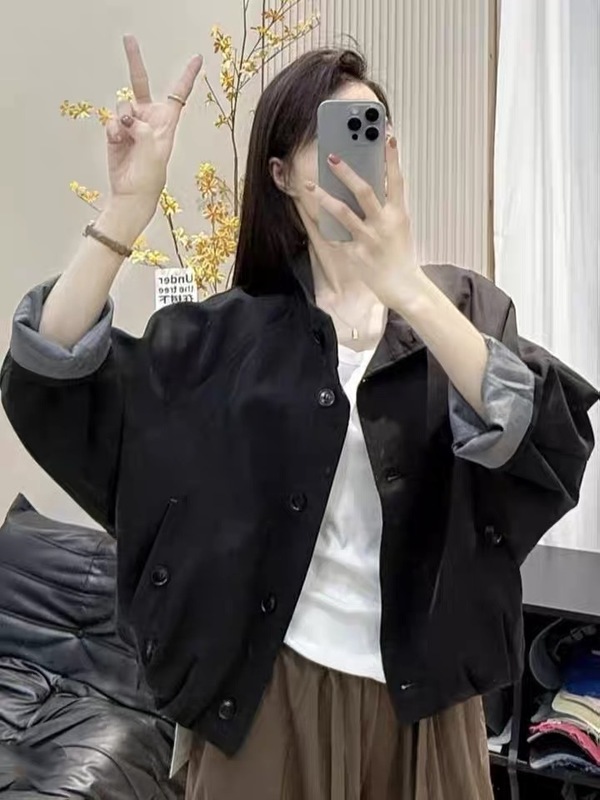 欧货英伦风立领夹克外套女2025新款宽松休闲内里条纹短款风衣上衣|undefined