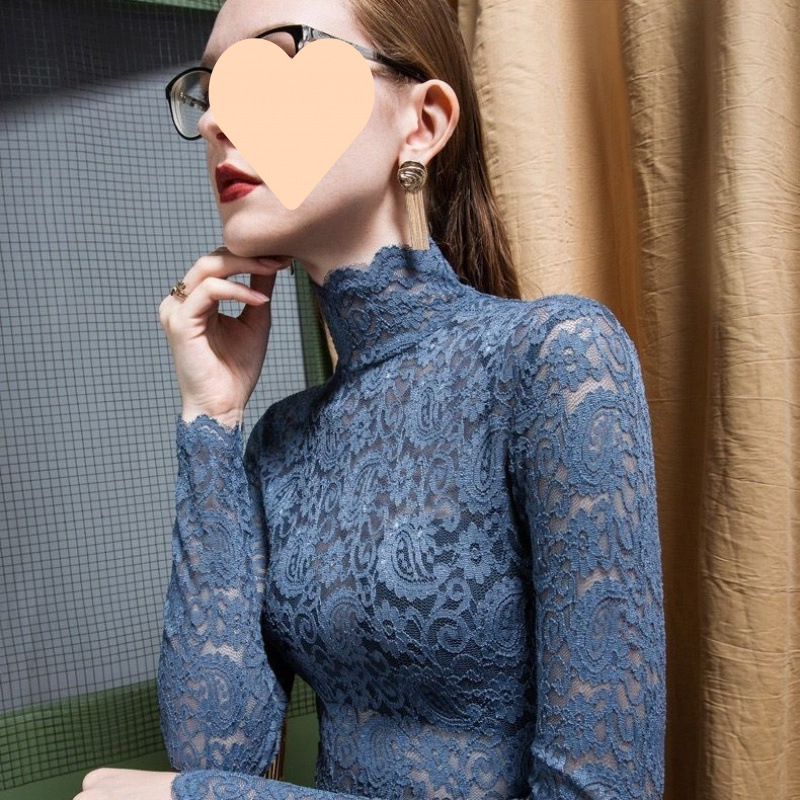 加绒/不加绒秋冬新款蕾丝打底衫女高领长袖洋气内搭纯色修身上衣|undefined