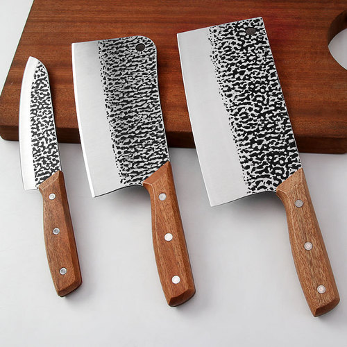 Stainless steel hammer pattern three-piece kitchen knife set kitchen knife sharp slicing bone chopping knife set household multi-functional chef knife