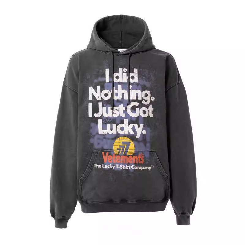 Women's Clothing lucky letter printed washed and distressed long sleeved hooded sweatshirt _voghion.com