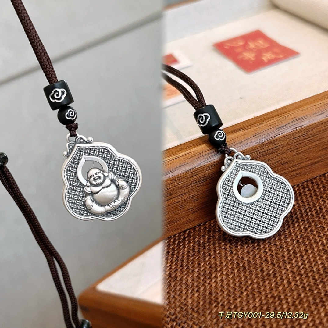 Plata sólida Maitreya Buddha Guanyin colgante 999 plata esterlina marca nacional de marea de Buda Ji Yan sin incidentes collar de cuerda tejida a mano