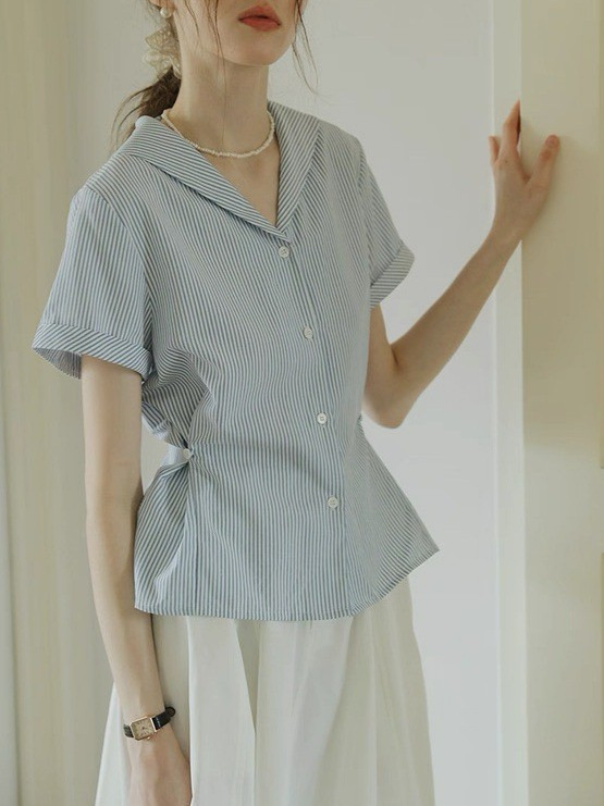 法式通勤海军领蓝色条纹短袖衬衫女夏季学院风减龄显瘦上衣|undefined