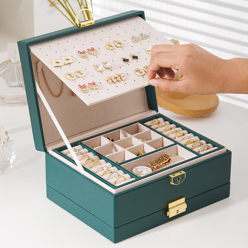 Nueva gran capacidad de cuatro capas caja de joyería caja de almacenamiento de joyería de cuero hogar pendientes anillo caja de almacenamiento de joyería