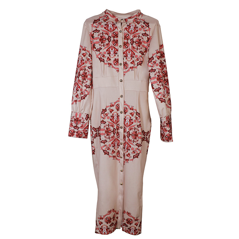 Women's Printed Stand Collar Dress With Long Sleeves For Women_voghion.com