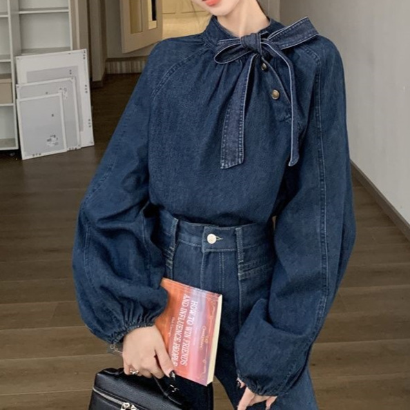 Design-Inspired Niche Lace-Up Bow Denim Shirt, Autumn Women's Retro Short Shirt, Unique Top, New Arrival Design-Inspired Niche Lace-Up Bow Denim Shirt, Autumn Women's Retro Short Shirt, Unique Top, New Arrival