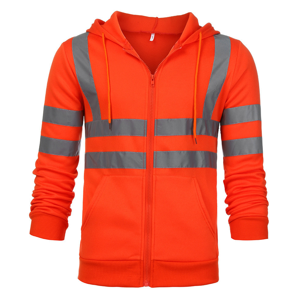 Men's Clothing reflective strip plus velvet sweatshirt outdoor sanitation work clothes zipper hooded color matching sweatshirt jacket_voghion.com