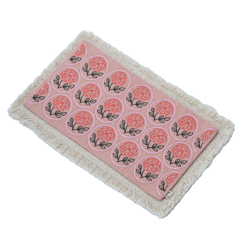 Mat de té bordado a mano rosa creativa almohadilla de espuma seca retrógrada tela gruesa almohadilla de té de doble capa almohadilla de aislamiento térmico de mesa de té china