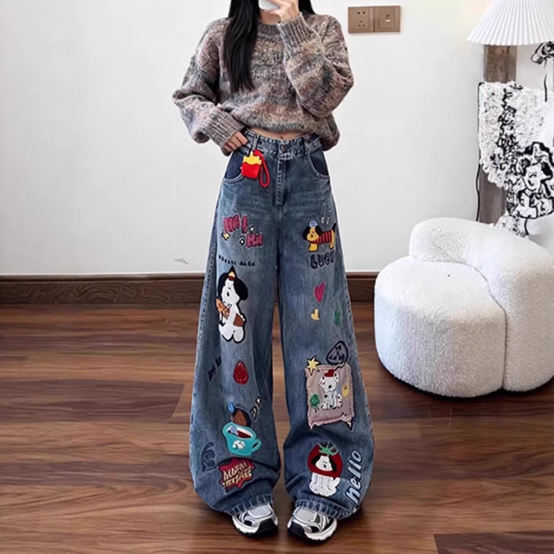 Cross-Border Wholesale American-Style Cartoon Embroidered Jeans Pants for Men and Women, Loose Fit, Slimming Wide-Leg Straight Pants, Long Pants