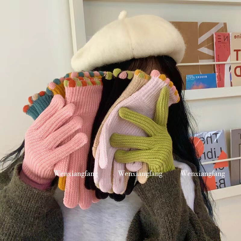 韓国インスリトルジェリービーンズ冬指なしウールニット手袋女性用ソリッドカラータッチスクリーン暖かい防風サイクリング指|undefined