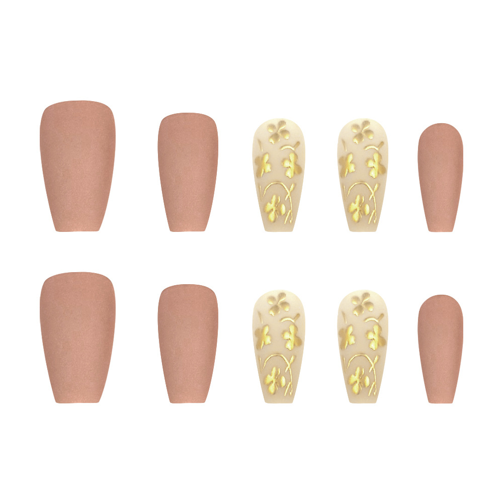 Ventas transfronterizas en caliente 3D estereoscópicas de oro leper desgaste uña de textura floral de oro uña falsa 24 piezas de temperamento de manicure