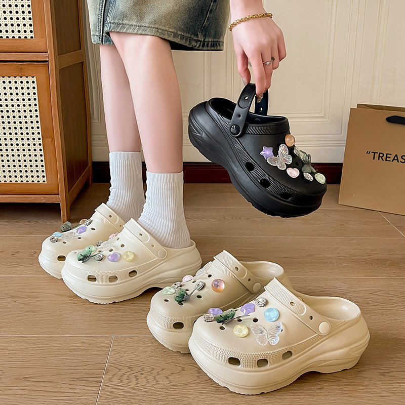 2025 Summer New Hole Shoes Retro Butterfly Diamond Pearl Flower Thick Sole Increased Non-slip Outer Wear Sandals for Women