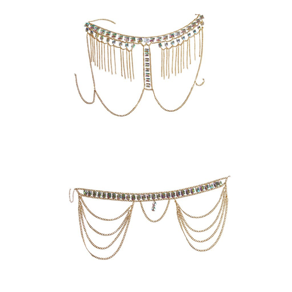 Conjunto de cadena corporal y de cintura con gemas, estilo europeo y americano, nuevo, sexy, con doble cadena de hombro, para discoteca, playa y orilla del mar.
