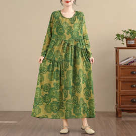 2026春季新款宽松大码女装棉麻长款印花大摆显瘦气质长袖连衣裙子