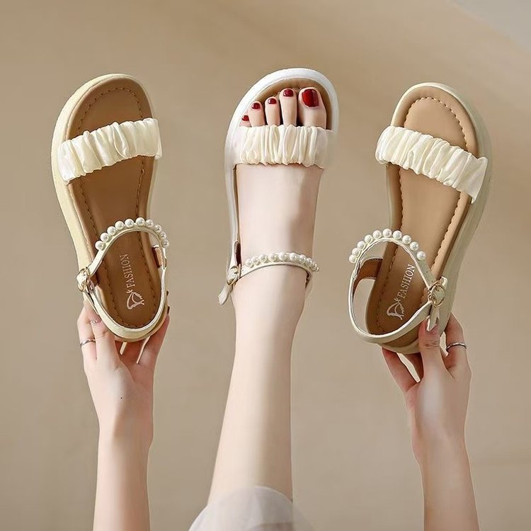 Sandalias de mujer verano 2026 nuevo estilo de moda con faldas de encaje de perlas muffins zapatos de playa