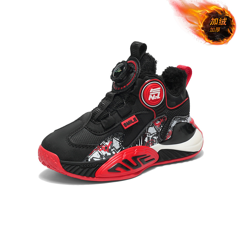 Zapatos de baloncesto antideslizantes al aire libre al por mayor con cuero de invierno de terciopelo, tendencia general, zapatos de botón de calentamiento para niños