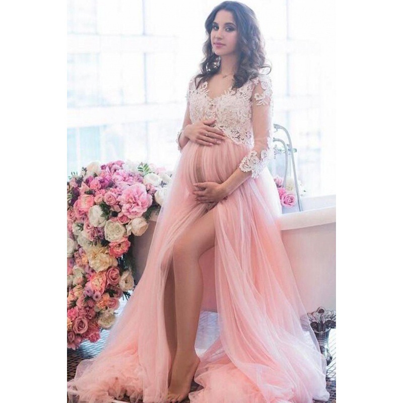New Bride Maternity Photo Clothing Pregnant Mommy Photo Studio Photography Personalized Dress Mesh Lace Long dress